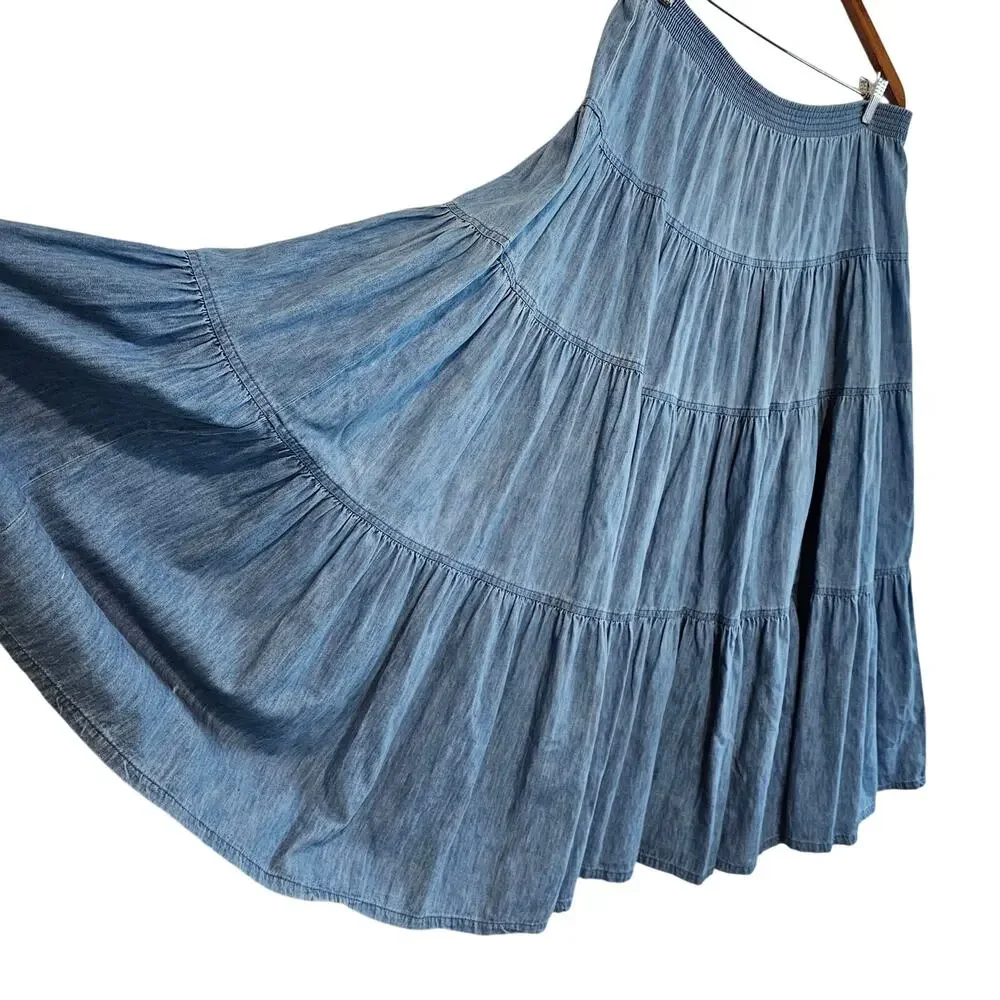Vintage 90s Denim Maxi Skirt Womens Large Blue Tiered Cottage Western Full Boho